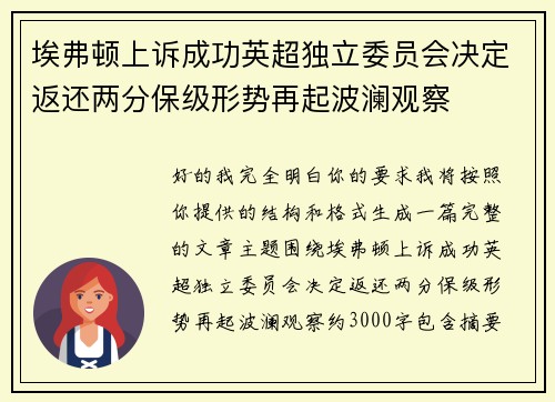 埃弗顿上诉成功英超独立委员会决定返还两分保级形势再起波澜观察 埃弗顿上诉成功英超独立委员会决定返还两分保级形势再起波澜观察